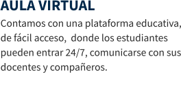 AULA VIRTUAL Contamos con una plataforma educativa, de fácil acceso,  donde los estudiantes pueden entrar 24/7, comunicarse con sus docentes y compañeros.